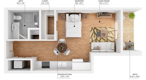 Floor plan for studio, 1 bath, 483 sqft